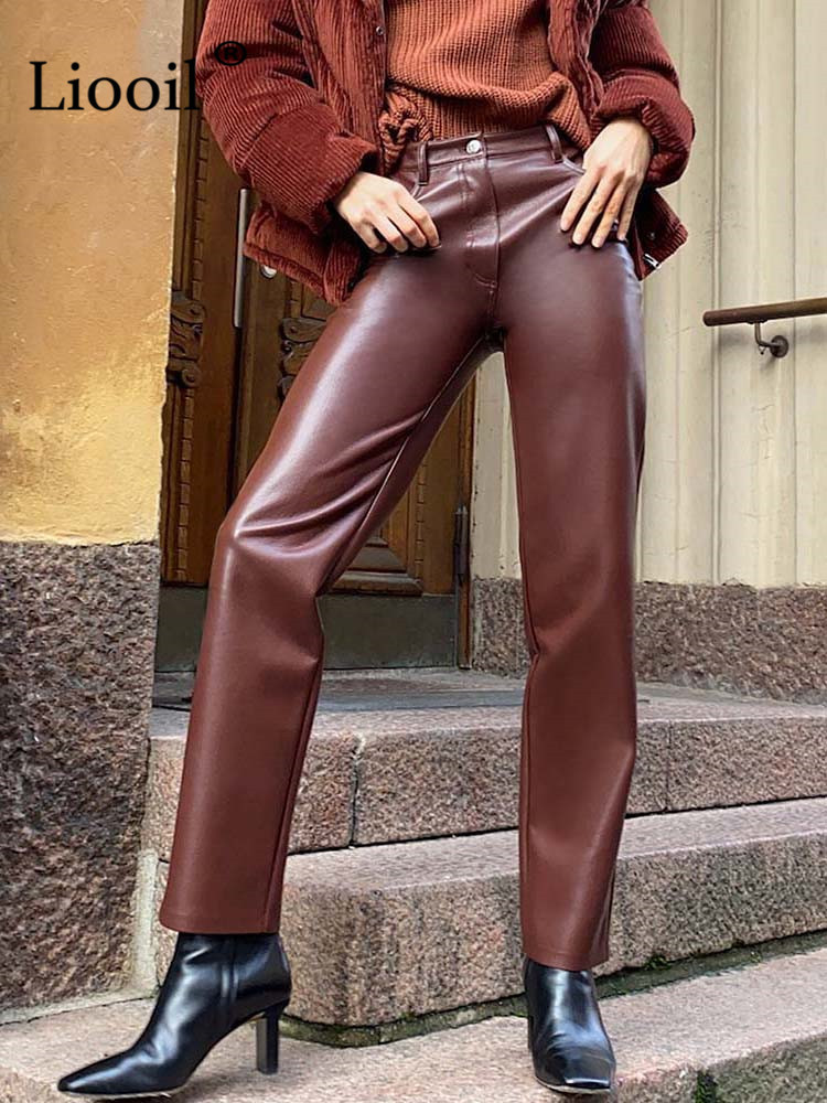 Faux Leather Straight Leg Pants High Waist Spring Sexy Brown Slacks For Women Bottoms Vintage Streetwear Trousers 220325