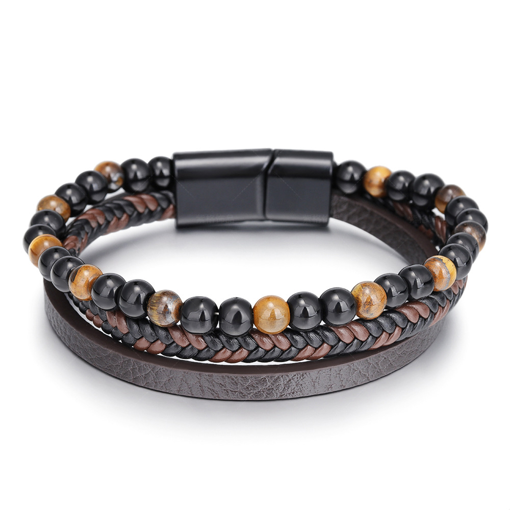 Tiger Eye Stone Beaded Leather Stack Bracelet Bangle Cuff Wristband Braided Multilayer Wrap Bracelets for Woman Man Hip Hop Fashion Jewelry Gift