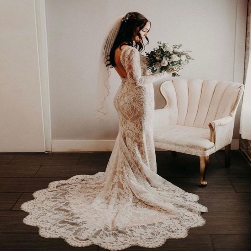 Elegant Mermaid Full Lace Wedding Dress Boho Long Sleeve Backless Summer Beach Wedding Dresses 2022 V Neck Women Bohemian Bridal Gowns Robe De Mariée 