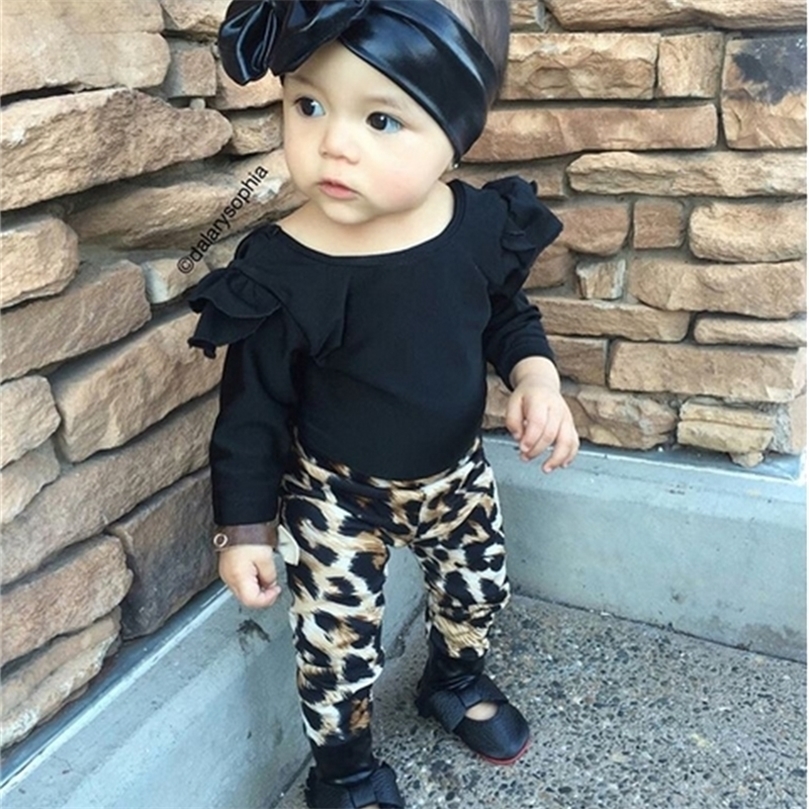 Fashion Cool Baby Girls Clothing Set Cotton Long Sleeve Black TopsLeopard Pants Casual Toddler born Baby Girls Clothes LJ201223