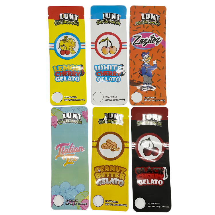 Blunt 2g pre roll mylar bags black lemon cherry white peanut butter gelato itanlian ice zagitay foil plastic spot uv bag without zipper
Blunt 2g pre roll mylar bags black lemon cherry white peanut butter gelato itanlian ice zagitay foil plastic spot uv bag without zipper