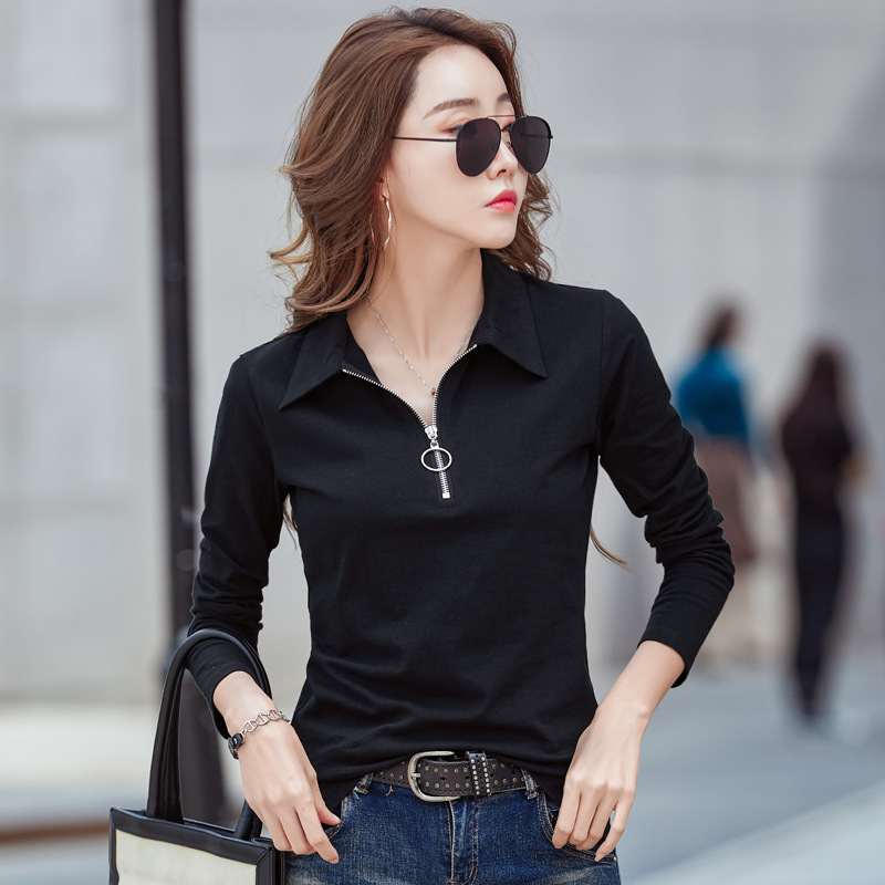 Shintimes Solid Zipper T Shirt Female Womens Long Sleeve Tops Spring Full Slim Cotton TShirt Woman Clothes Femme 220728