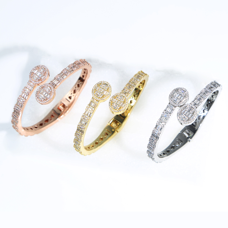 fashion Sparking CZ Custom Opened Oval Charm Bangle Bracelet Iced Out Silver gold Color Luxury Jewelry for Women Men wholesale
