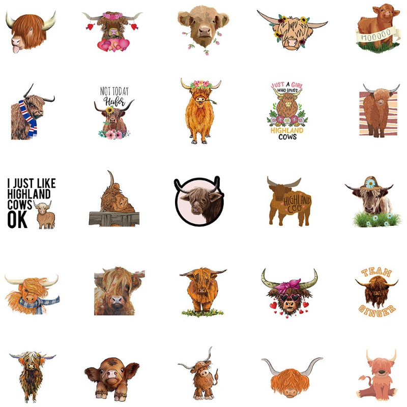 50Pcs/Lot Cute and funny Highland cattle Sticker kyloe Cow Stickers Graffiti Kids Toy Skateboard Phone Laptop Luggage Sticker Decals
