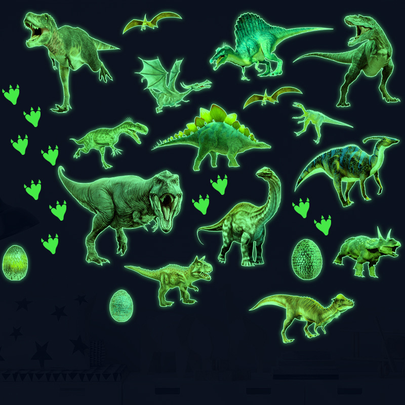 Green Light Luminous Dinosaur Wall Stickers Home Bedroom Kids Room Decoration Animal Fluorescent Decals Glow in the Dark Sticker 220328