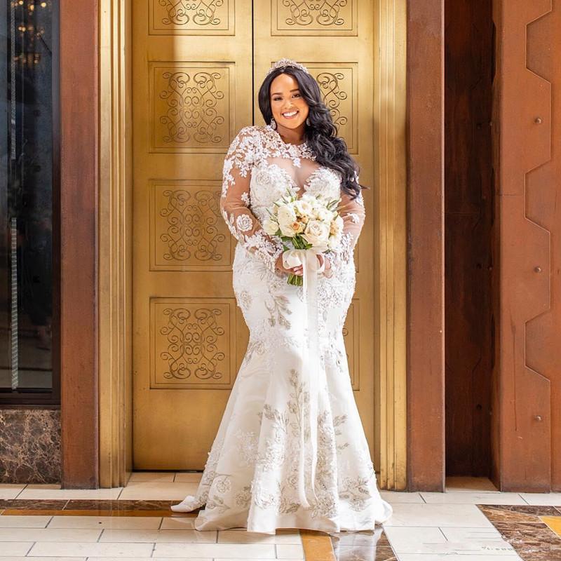 Plus Size Mermaid Wedding Dresses with Detachable Train Long Sleeve Lace Floral Arabic Stain Trumpet Bridal Gown robe de mariée
