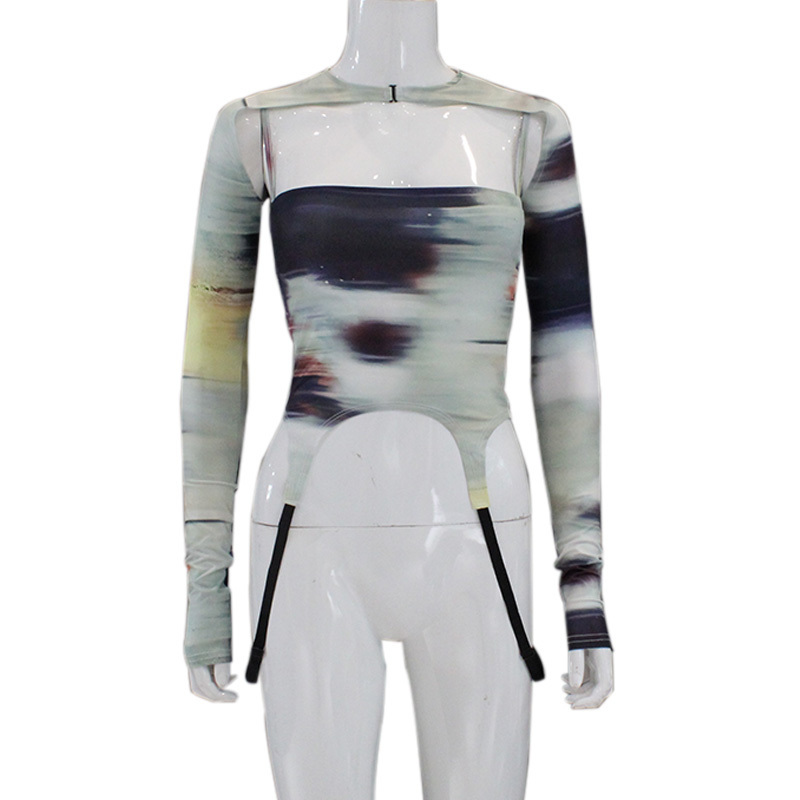 CNYISHE Sexy Tie Dye Cropped Shirt Long Sleeve Slim Streetwear T-shirt Tees Women Tops Casual Boho Print Outfits Spring Crop Top 220321