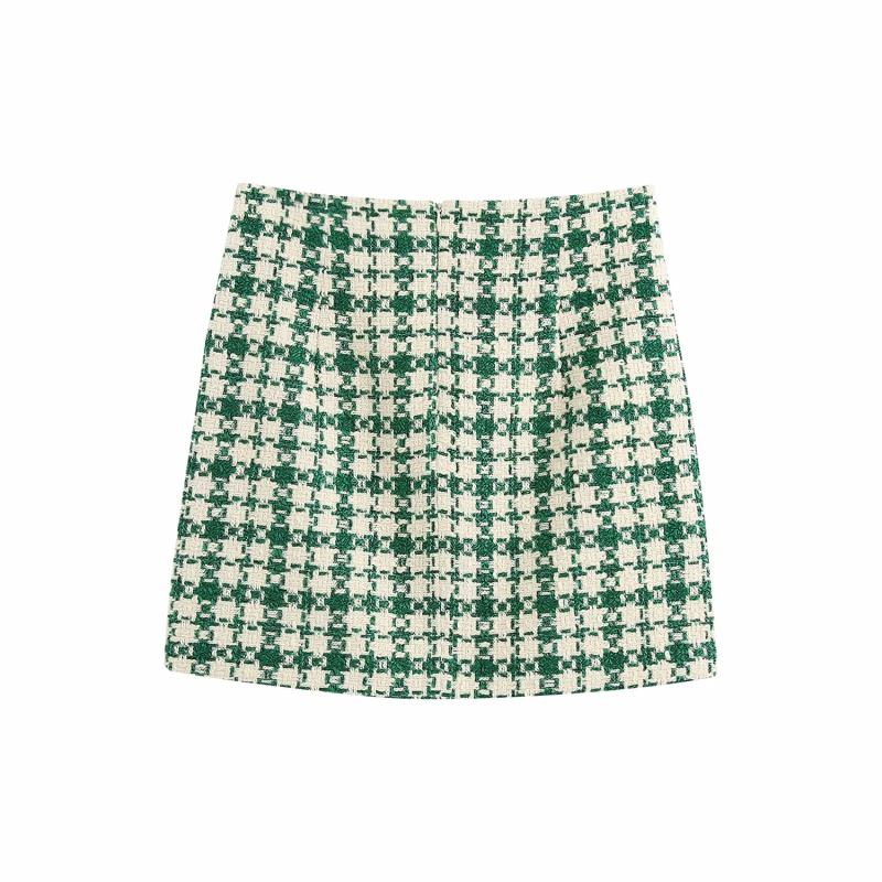 Stylish Chic Pockets Green Plaid Tweed Mini Skirt Women Fashion High Waist Skirts Casual Jupe Femme 220317