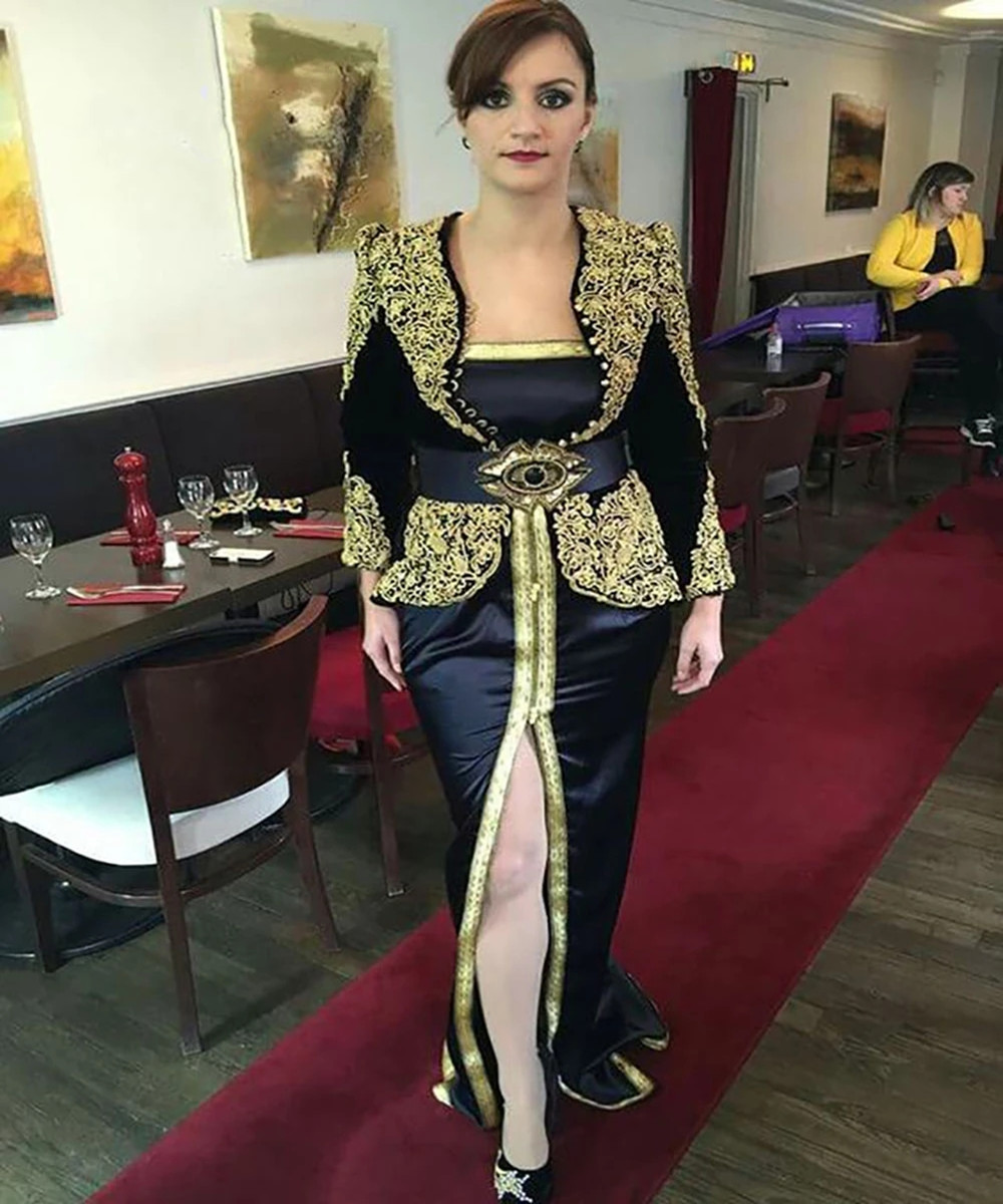 Karakou Algerien Black Arabic Prom Dresses 2022 Long Sleeve Peplum Gold Lace Front slit Dubai Evening Dress Robe Soiree