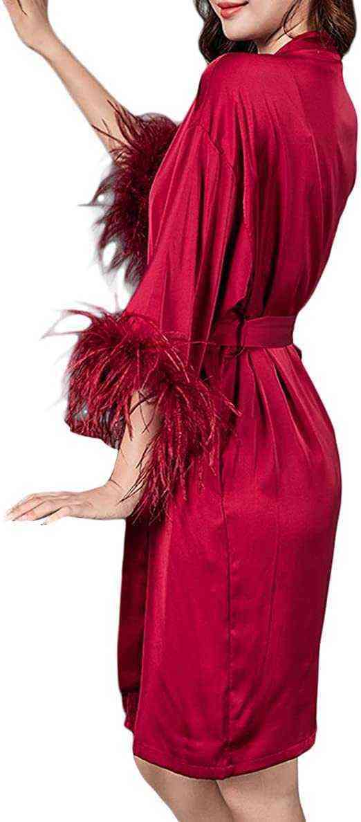 Nxy Sexy Underwear 3xl Vrouwen Struisvogel Haar Mouw Satijnen Kimono Bruid Gewaad Nachtkleding Roze Gewaden Pyjama Badjas Nachtjapon Bruids Kamerjas 0