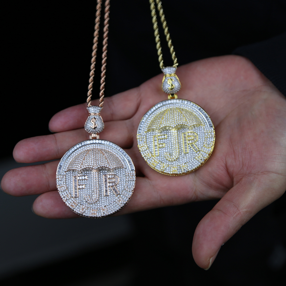 Iced Out Money Umbrella Necklace - 2 Tone Gold & Sier Bg CZ Pendant Hip Hop Jewelry dh5727163