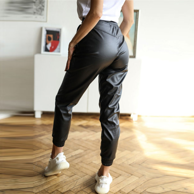 Fashion PU Pants For Women Full Length Pencil Faux Leather Solid Elastic Waist Drawstring Casual Loose Office Lady 220325
