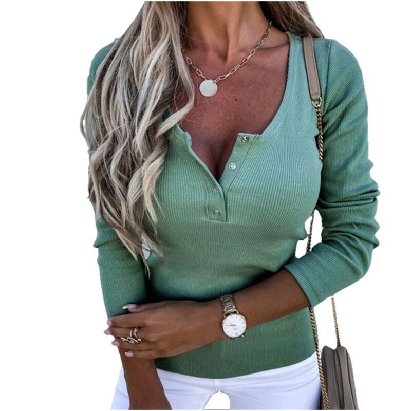 Women Causal Long Sleeve Slim Fit Shirts Autumn Knitted Ribbed Pullover Button Tops Elegant V-Neck Solid Henley 220328