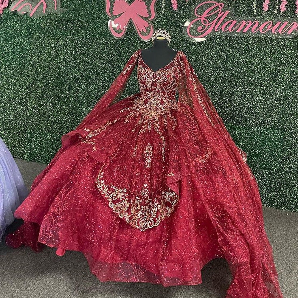Burgundy Quinceanera Dress with cape sleeve Sweet 16 vestidos para 15 quinceanera vestidos de xv anos 2022 estidos para 15 nera