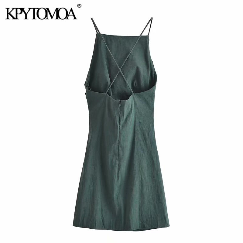 Women Fashion Draped Linen Mini Dress Vintage Backless Zipper Thin Crossover Straps Female Dresses Vestidos Mujer 220526