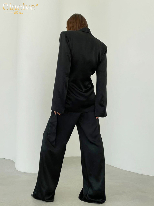 Clacive Balck Casual Satin Women Sets Autumn Long Sleeve Blazers With Wide Leg Pants Elegant Lace-Up 2 Piece Trousers 220315