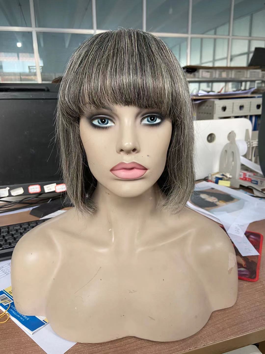 Custom Salt&pepper color grey bob human hair wig for black women with bang fringe hairpiece silver two tone blend natural daily use 150%density short 