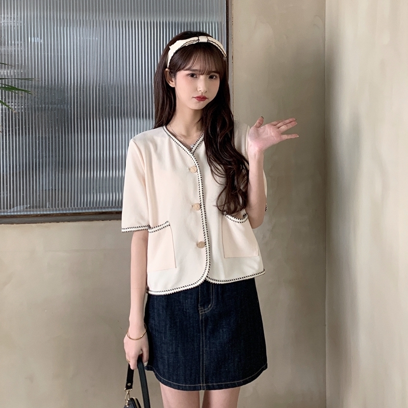 Summer Shortsleeved Small Fragrant T Jacket Fashionable French Vneck Loose T Short Top 220611