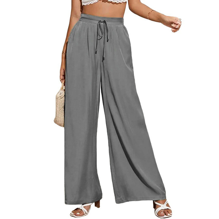 pants European and American summer new women's high waist casual trousers solid color elastic waist tie loose wide leg women