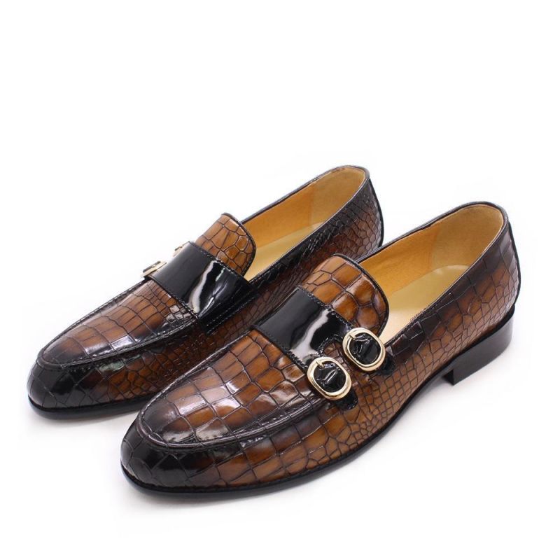 

High Quality Loafers Men Shoes Genuine Leather Solid Color Daily Banquet Office Fashion Stone Embossed Pattern Double Buckle Casual Shoes KB235-1, Clear