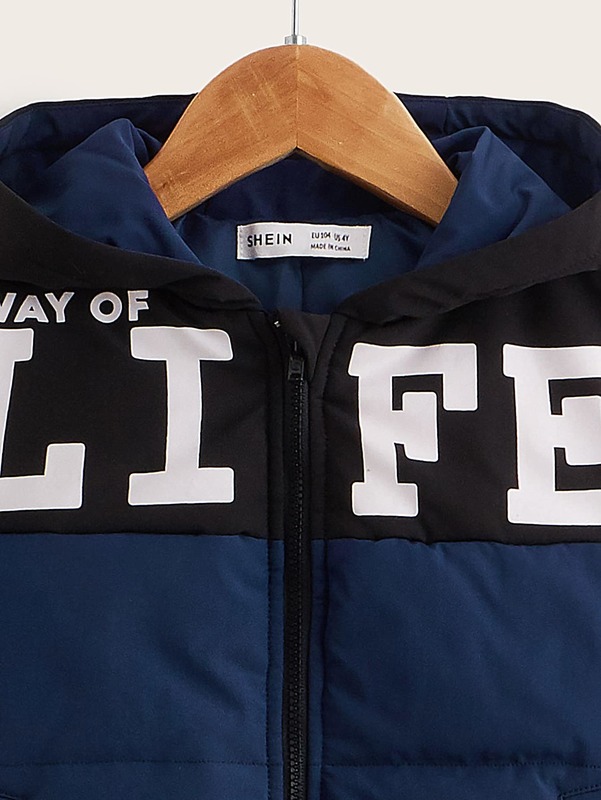 Toddler Boys Letter Graphic Zip Up Colorblock Hooded Puffer Coat SHE