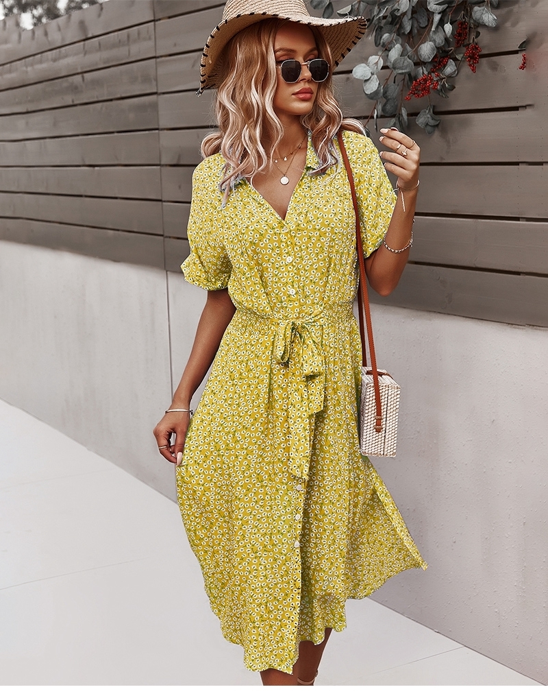 Women Floral Dress Summer Casual Short Sleeve Button Holiday Midi Dresses Female VNeck Beach Boho Chic Dress Elegant Robe D220611