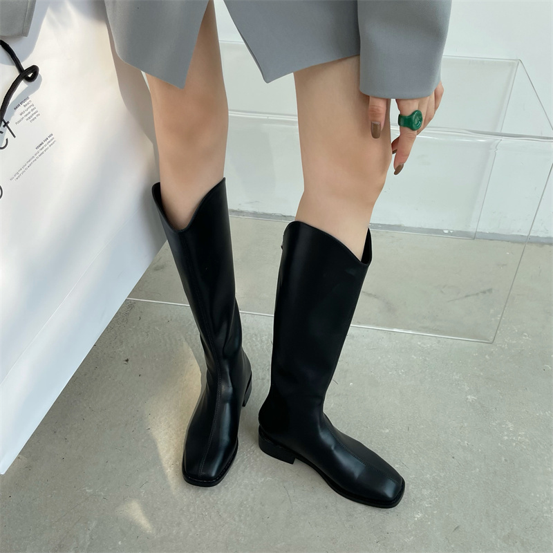 Women's Boots Spring And Autumn Korean Coffee Western Cowboy Boots With Square Head Below The Knee Boots With Thick Heels