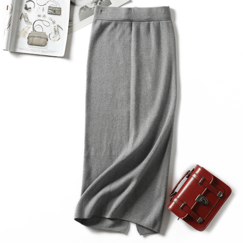 HLBCBG knee-length autumn winter women mink cashmere pencil skirt female thick midi sweater sexy split back bodycon 220317