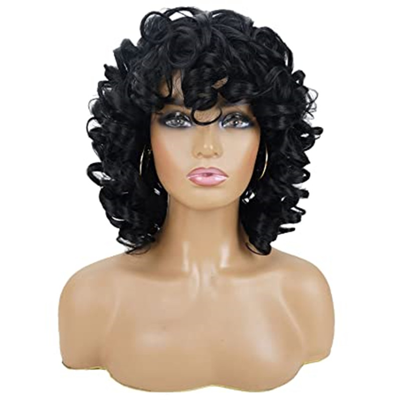African American real human Short Curly Wigs Soft Black Big Curly Wig with Bangs Afro Kinky Curls boucy curl Natural Looking machine made cap 150%dens