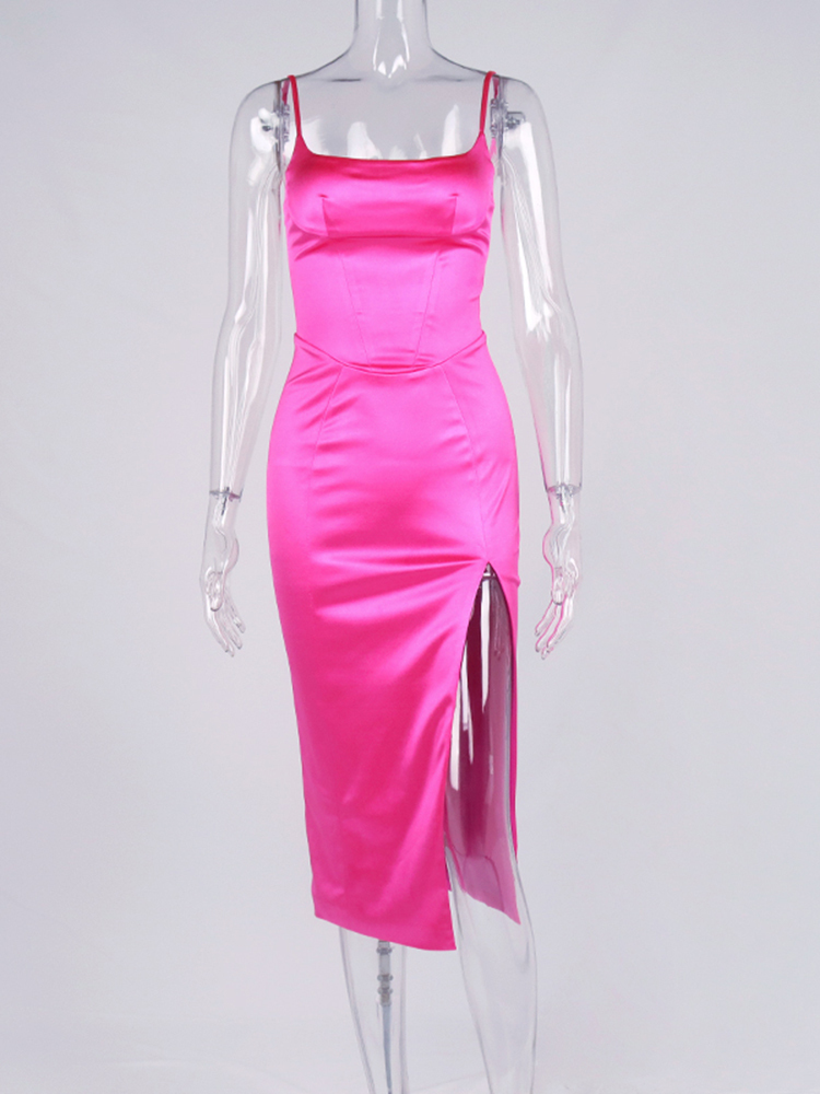 Asia Satin Dress Spaghetti Strap Cut out Split Double Layer Lining High Waist Midi Dress Chic Black Dress Woman Party Robe 220511