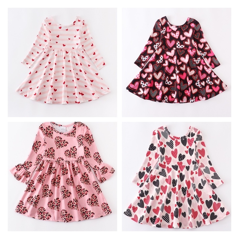 Girlymax Baby Girls Kids Clothing Milk Silk Love Heart Shape Twirl Dress Knee Length Long Sleeve 220707