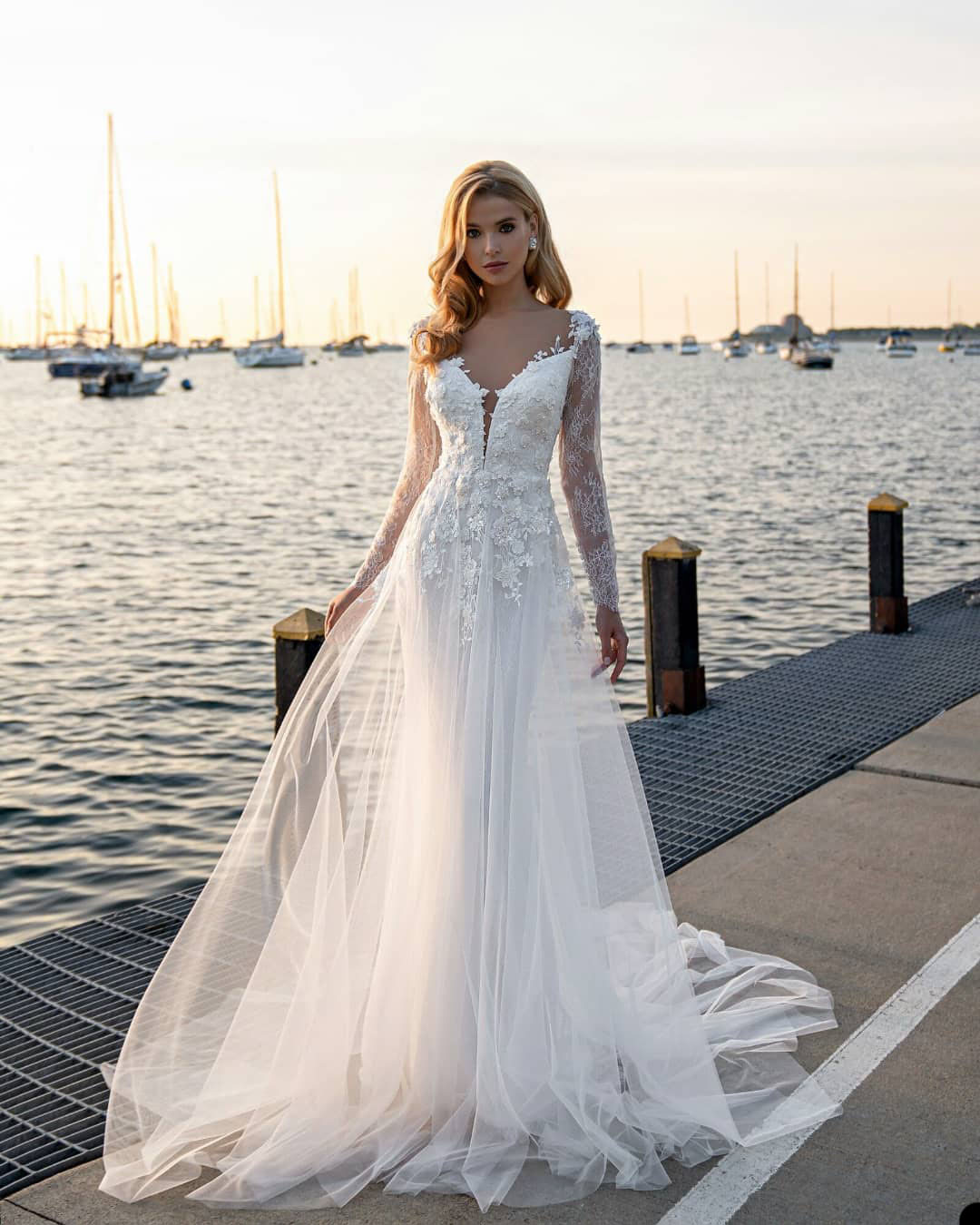 Graceful Wedding Dresse Organza Lace V-Neck Long sleeve Applique Illusion Floor Length Lace Wedding Dress Custom Made Pearl Vestidos De Novia Real pic
