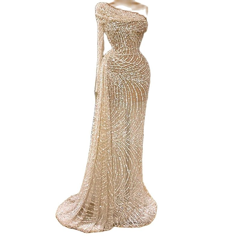 Sexy Illusion Mermaid Prom Dresses One Shoulder Beaded Sequins Evening Dress Formal Party Gown Robe De Soiree