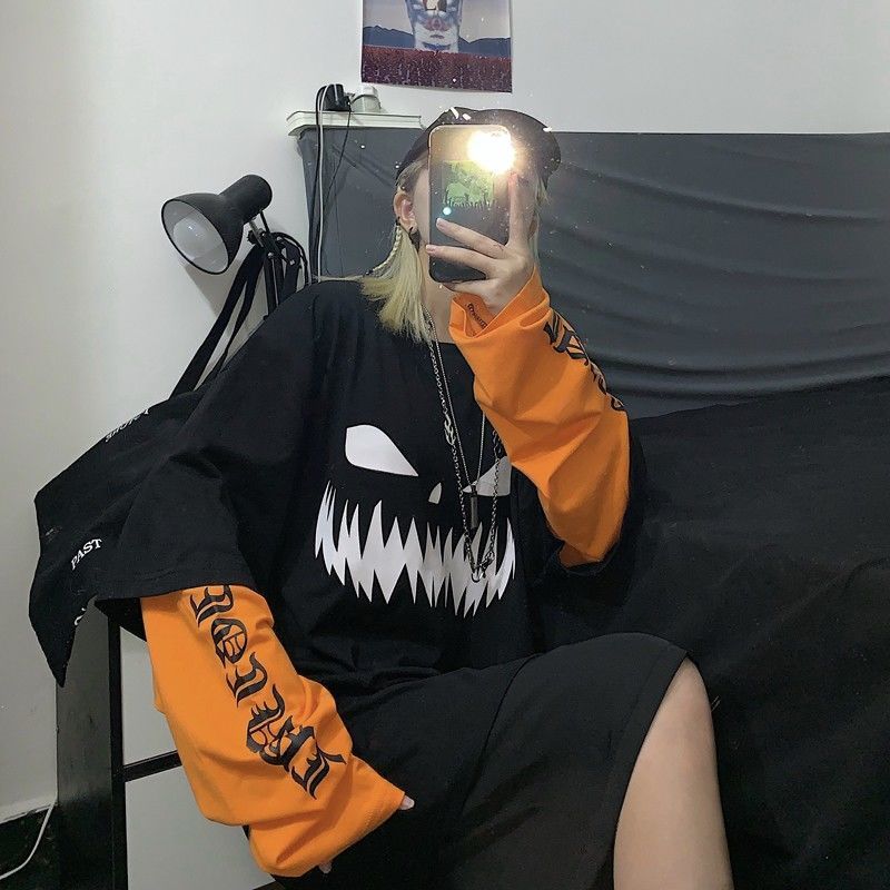 FERNAN Autumn Harajuku Goth T-shirts Women Halloween Grunge Punk Patchwork Long Sleeve Graphic Tshirt Mall Alt Clothes 220321