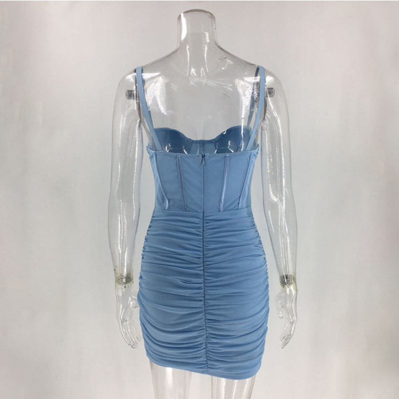 Asia Mesh Summer Dress Ruched Spaghetti Strap Party Dress Women Backless Strapless Sexy Mini Dresses Pleated Clothes Vestidos 220511