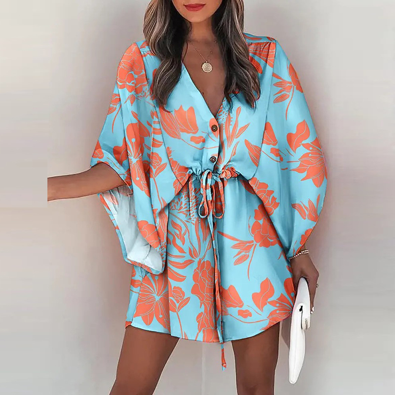 Summer Fashion Printed Sexy V Neck Buttons Drawstring Party Dress Ladies Casual Bat Sleeve Mini Women Elegant es 220629