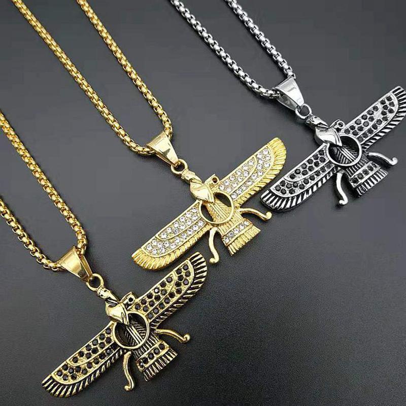 Pendant Necklaces Hip Hop Rhinestone Paved Bling Iced Out Faravahar Ahura Mazda Zoroastrian Necklace Gold Stainless Steel Men JewelryPendant