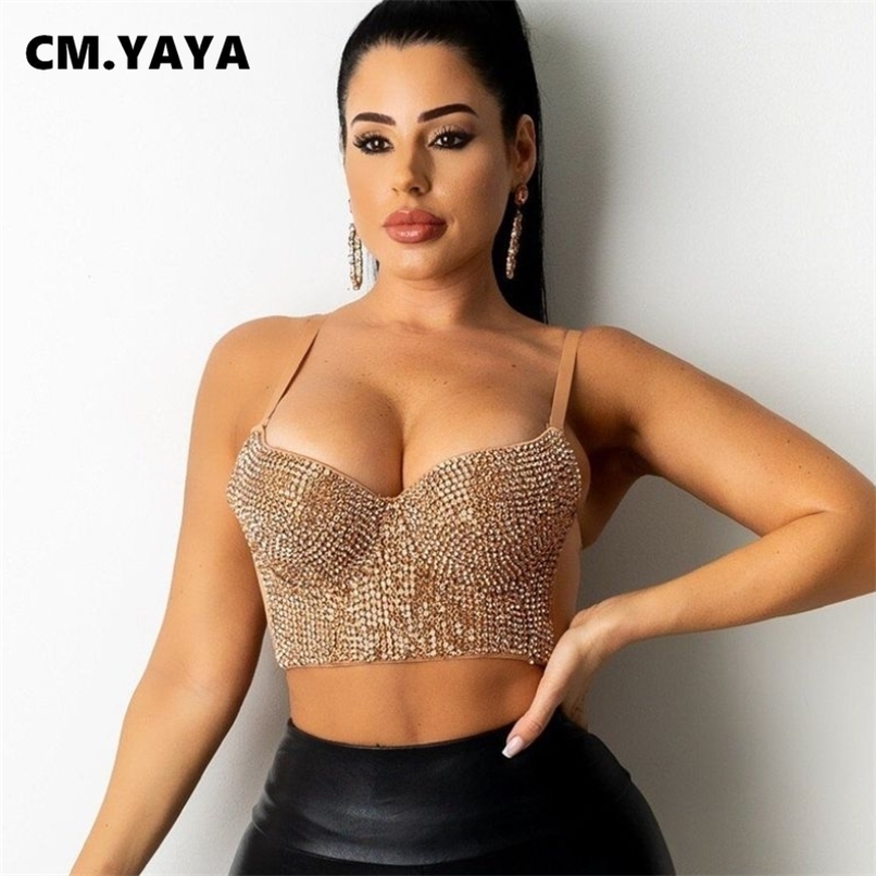 CM.YAYA Women Camis Tops Diamonds V-neck Slim Strap Crop Sexy Night Clubwear Stylish Clothing Summer 220316