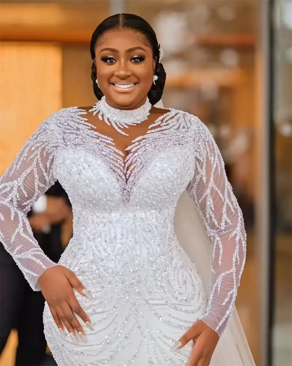 New Plus Size Arabic Aso Ebi Sheer Neck Mermaid Wedding Dress Long Sleeves Sexy Bridal Gowns Dresses