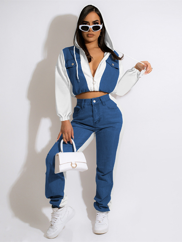 Women Tracksuit Two Piece Sets Long Sleeve Hooded Short Tops Denim Stitching Trousers Suits Autumn Streetwear Lady Ouftits 220817