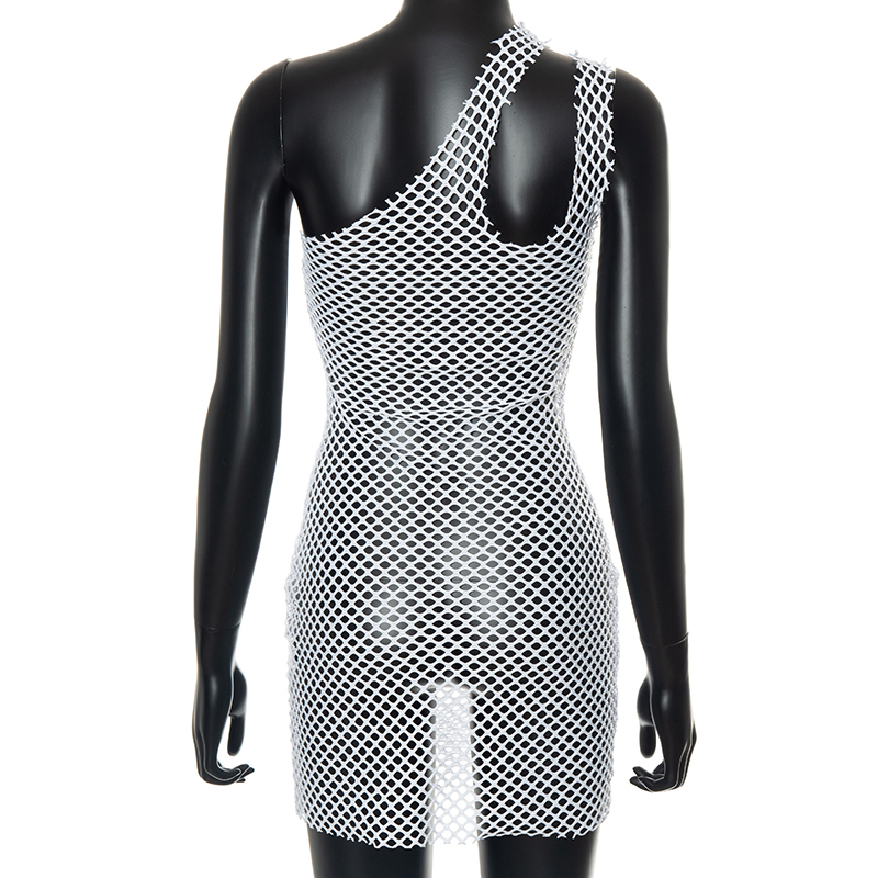 Grid Inclined Shoulder Mini Dress Women Sexy Fishnet See Through Sleeveless Backless Female Clubwear Apparel No Panties 220507