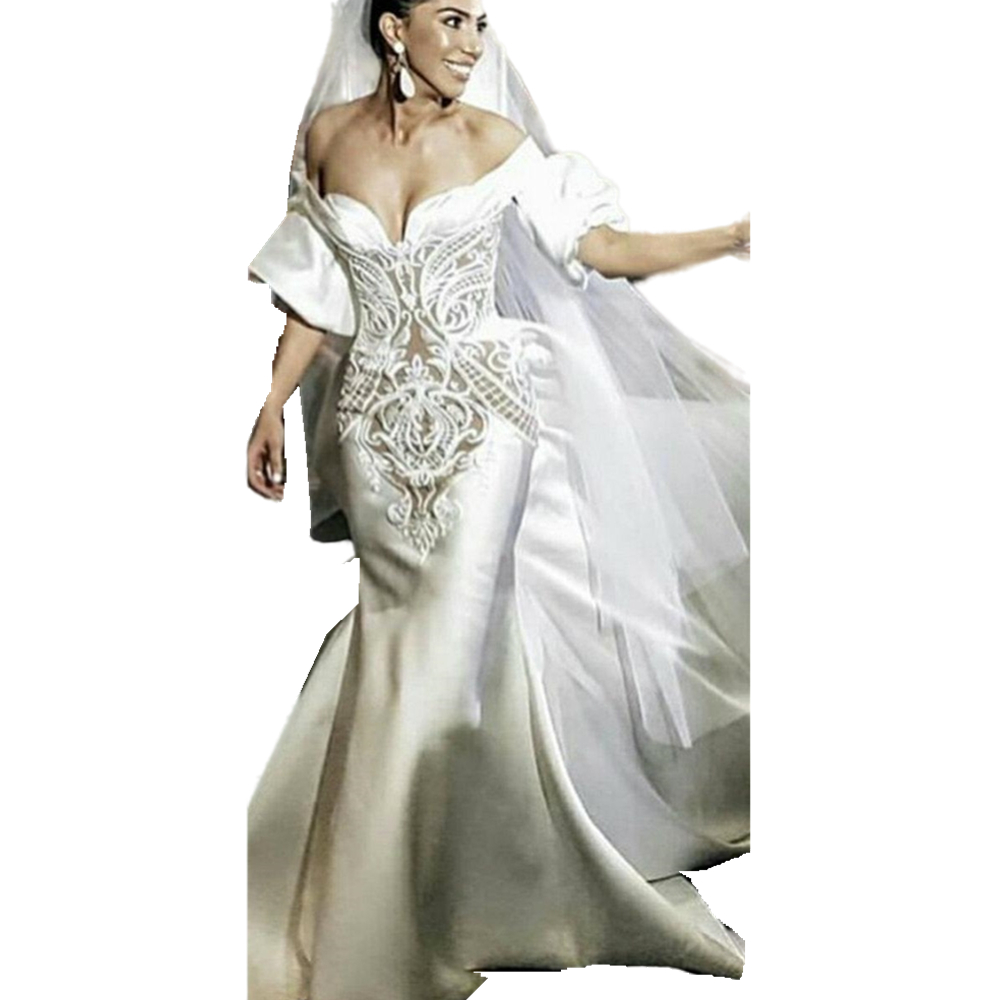 2022 Chic Satin Mermaid Wedding Dresses Off The Shoulder Short Sleeves Appliques Lace Long Train Wedding Gowns Sexy Chapel Church Bridal Dress