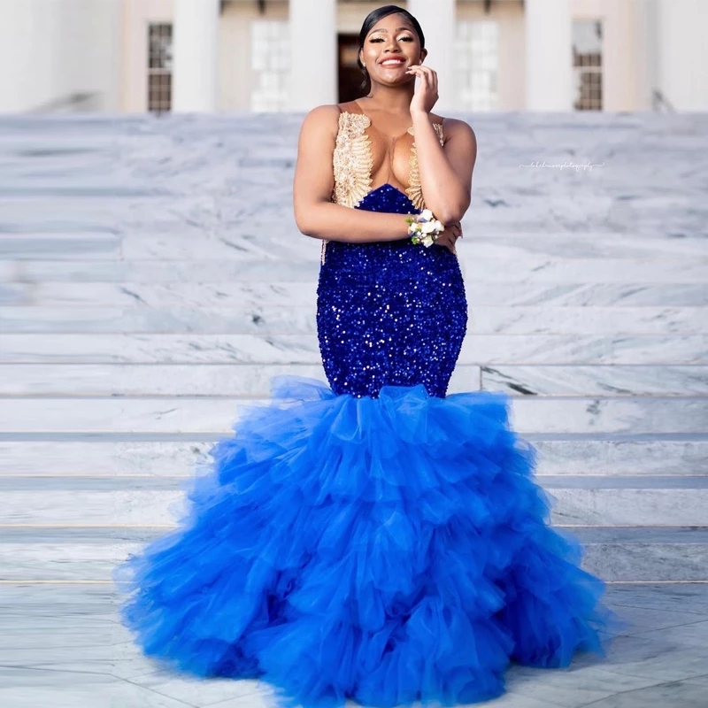 Prom Mermaid Royal Blue Dresses with Gold Lace Top Gillter Sequined Evening Gown Tiere Tulle Bottom Vestido De Robes