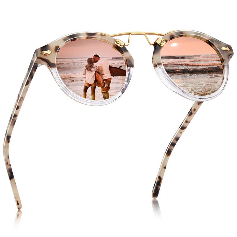 Carfia Small Acetate Polarized Sunglasses for Women, Mirrored Lens Retro Double Bridge Eyewear Metal Brow Round Sunnies