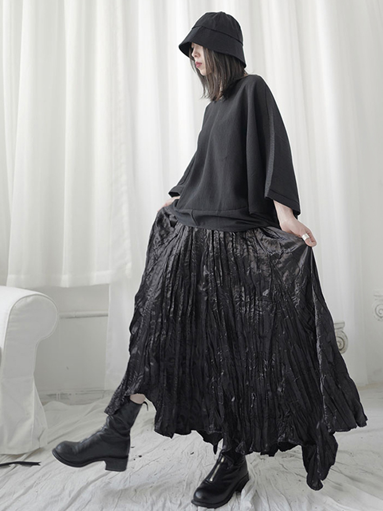 [EAM] High Elastic Waist Black Pleated Irregular Long Temperament Half-body Skirt Women Fashion Spring Autumn 1U965 220317