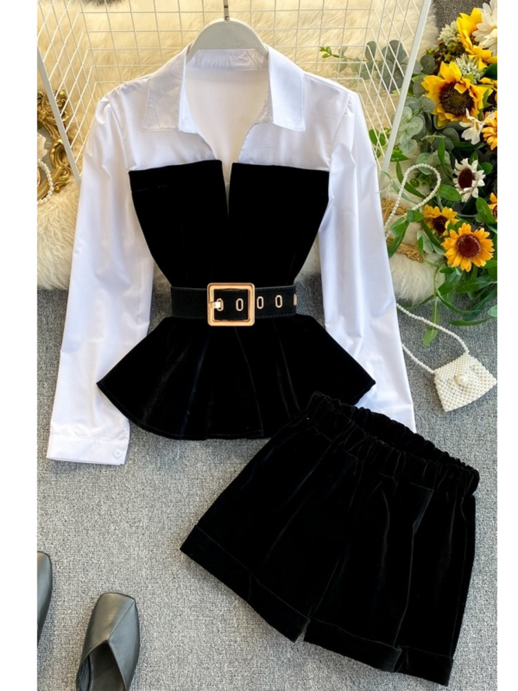 DEAT Autumn Long Sleeve Patchwork Velvet Size Small Tops With Belt High Waist Shorts Two Piece Set Women MH334 220810