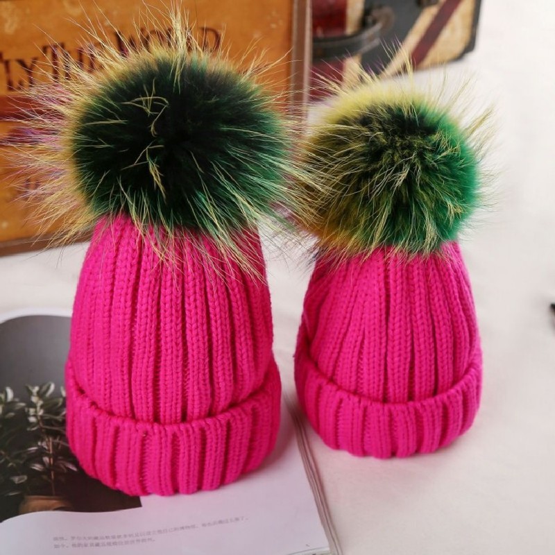 Caps & Hats Winter Rainbow Color Real Fur Pompom Knitted Kids Casual Thick 220823