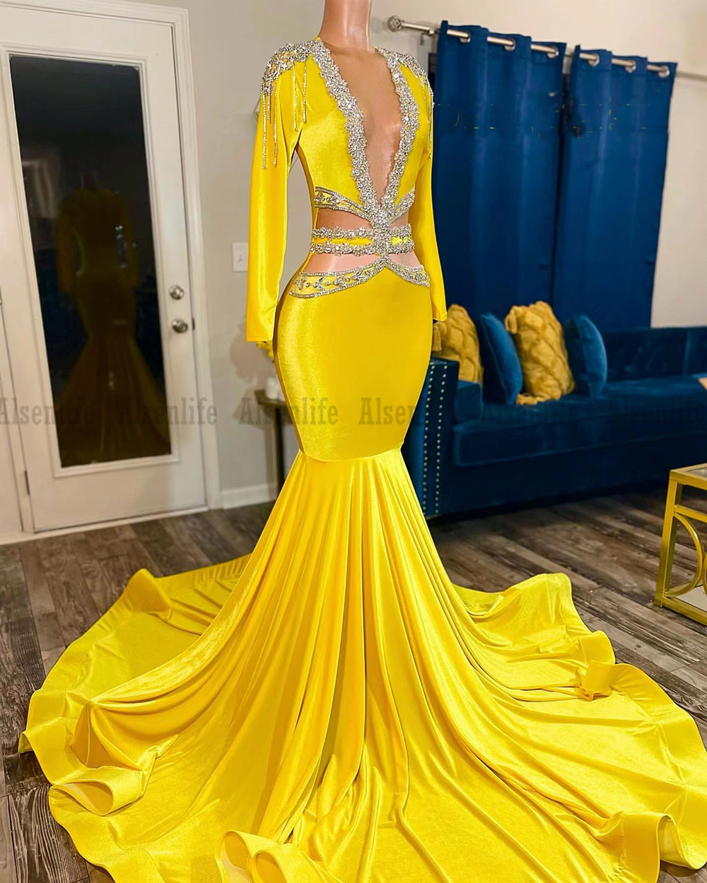 Yellow Velvet Beaded Mermaid Prom Dresses Sexy Backless African Black Girls Evening Gowns Robes De Soiree