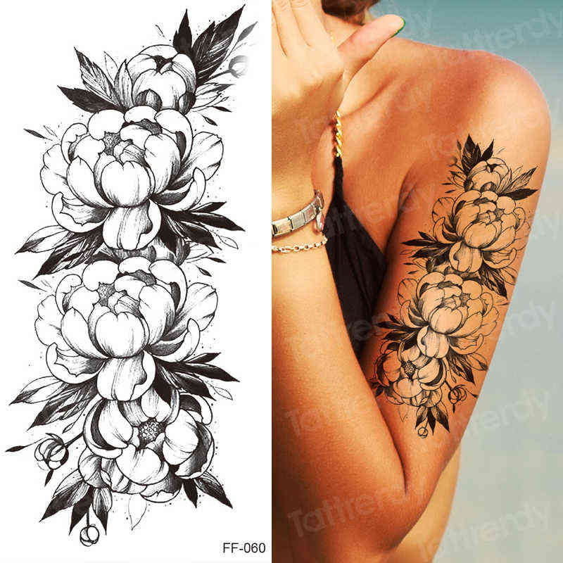 NXY Temporary Tattoo Sticker Women Flower Rose Peony Black Tatouage Temporaire Femme Sleeve Waterproof Sexy Body Art Fashion 0330
