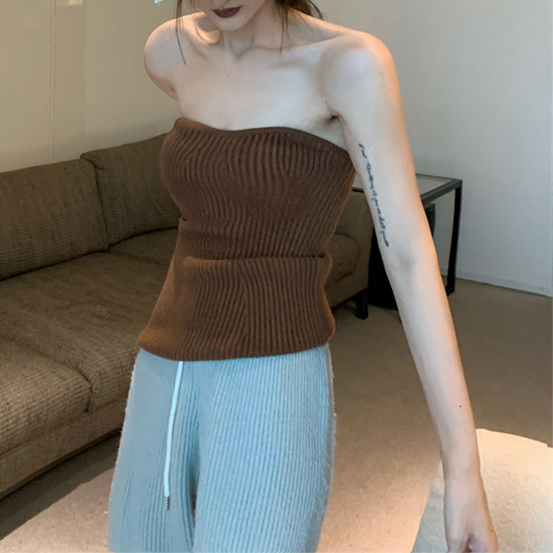 FORYUNSHES Ribbed Sexy Strapless Corset Top Solid Color Knitted Slim Camisole Autumn Korean Fashion Harajuku Y2K Clothes 220325